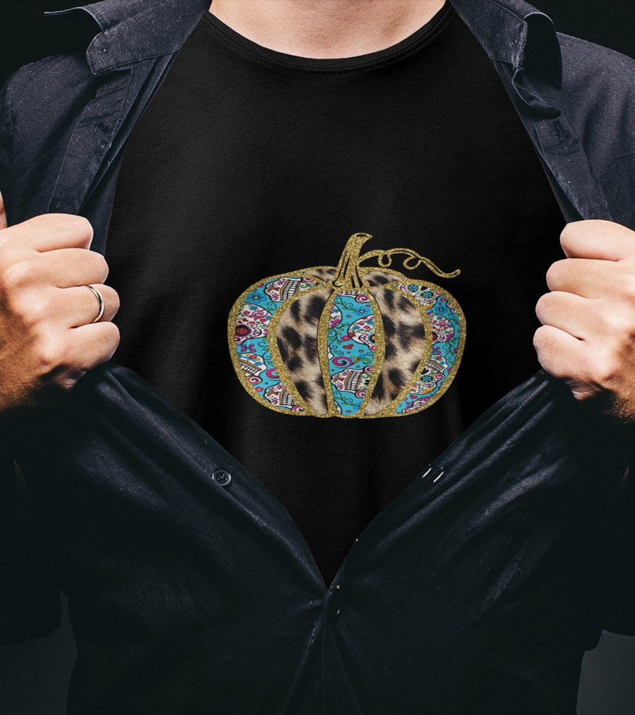 Leopard Turquoise Sugar Skull Pattern Pumpkin T-Shirt
