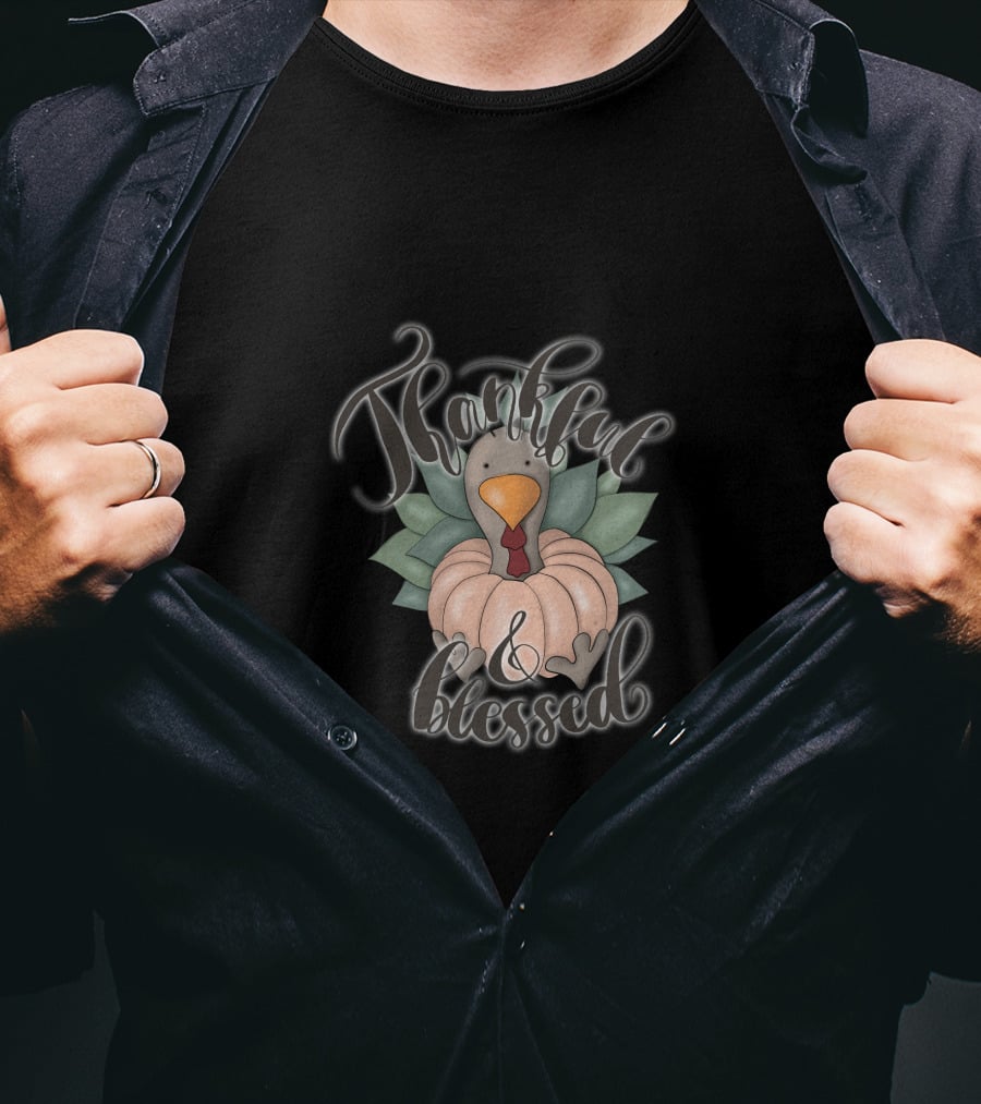 Thankful And Blessed Fall Sublimation Thanksgiving Turkey Pumpkin T-Shirt