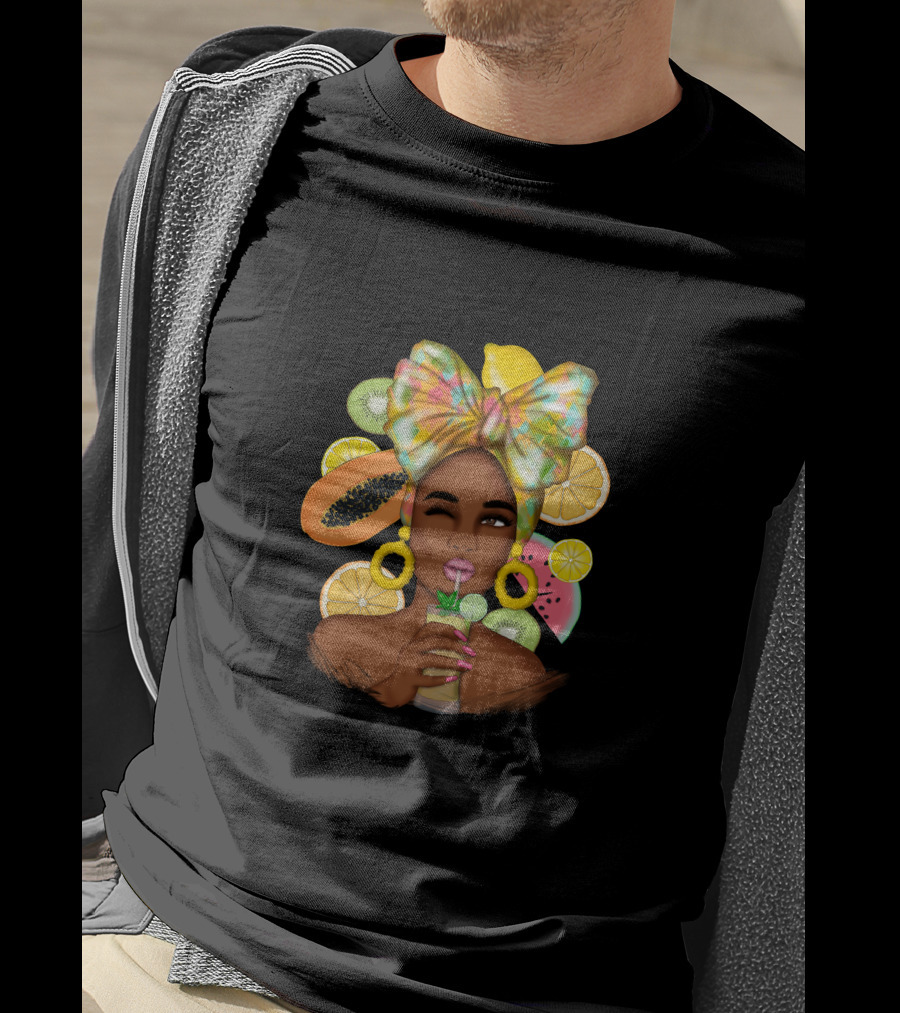 Fruit Design Afro Woman With Colorful Headwrap And Tropical Fruits T-Shirt
