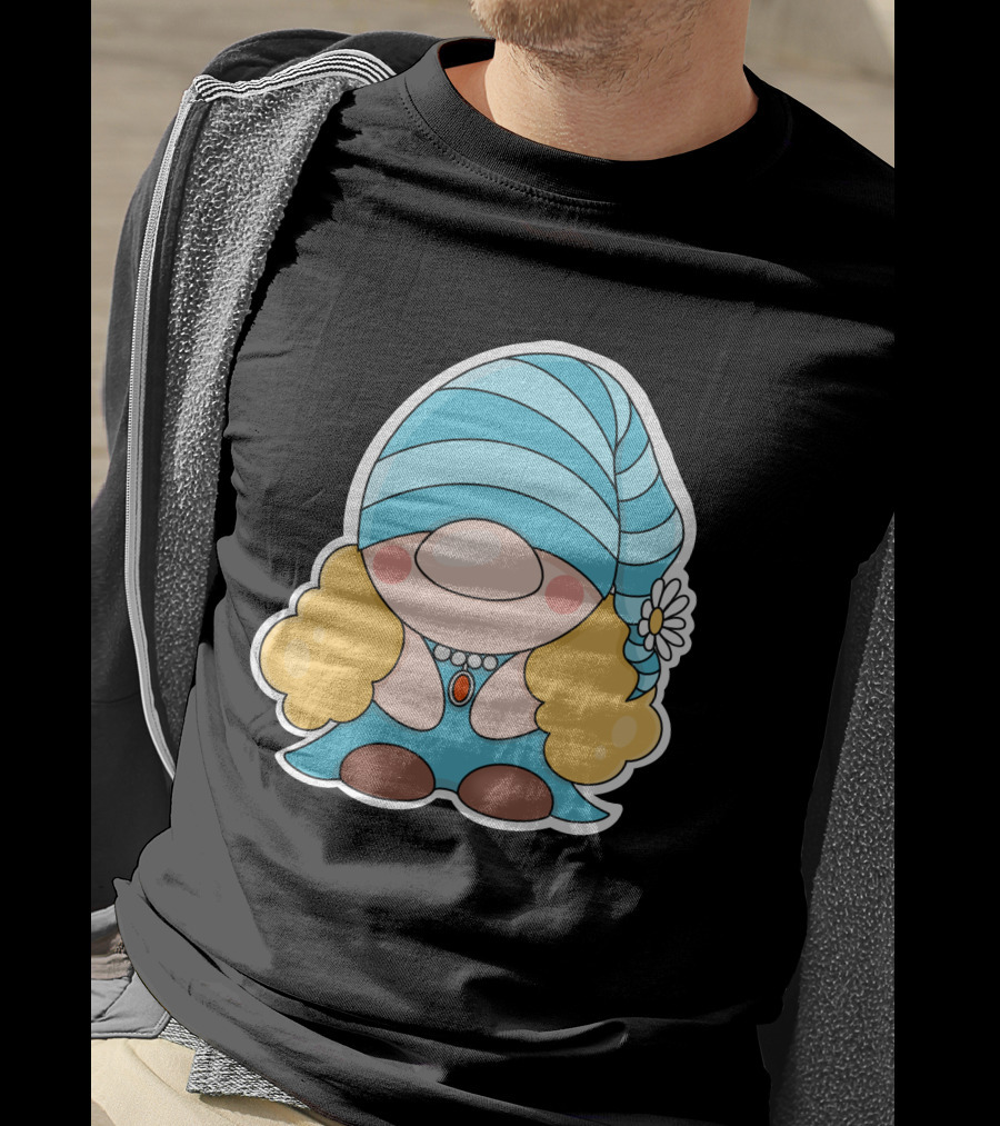 Gnome Sticker Blue Hat Daisy Blonde Hair Cute Comic T-Shirt