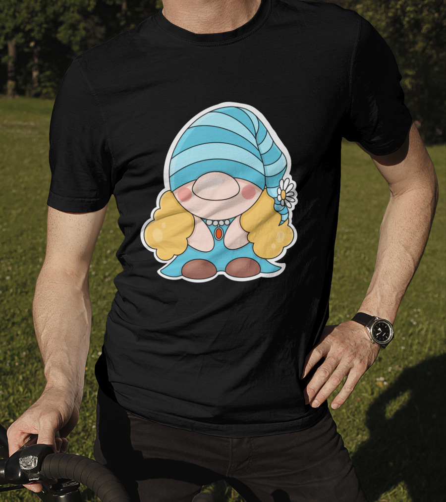Gnome Sticker Blue Hat Daisy Blonde Hair Cute Comic T-Shirt