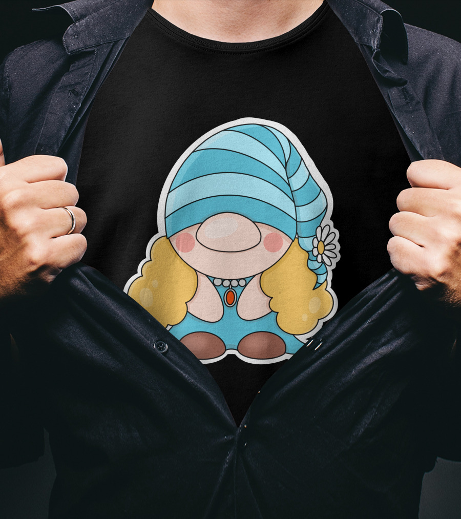 Gnome Sticker Blue Hat Daisy Blonde Hair Cute Comic T-Shirt