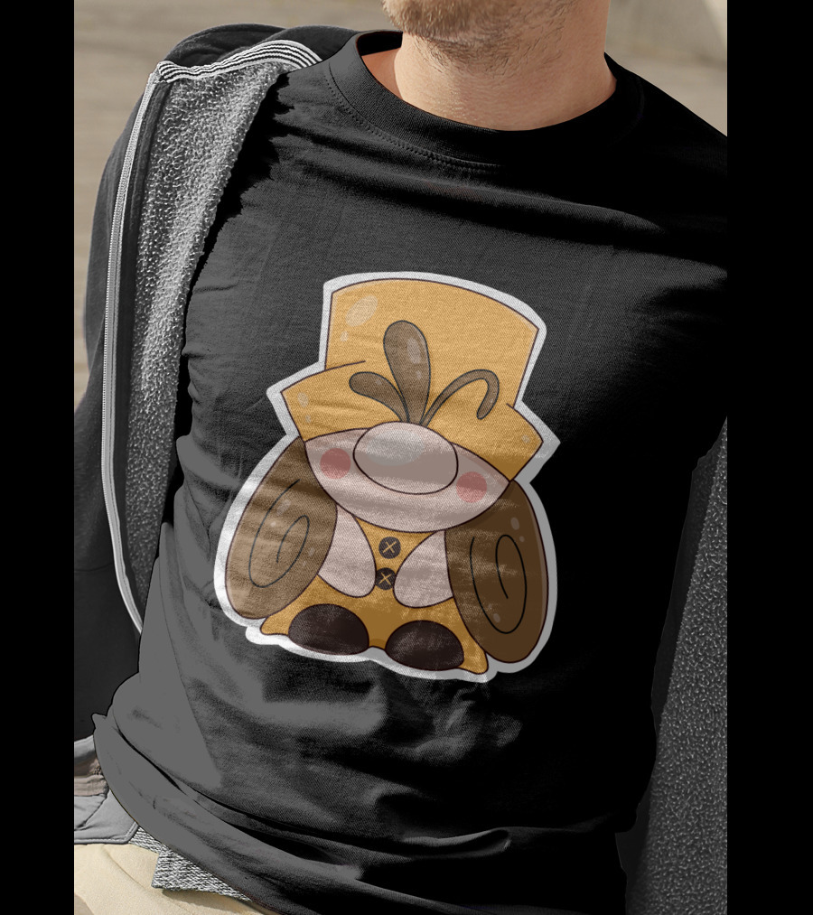 Gnome Vibes Whimsical Yellow Hat Brown Twirls T-Shirt