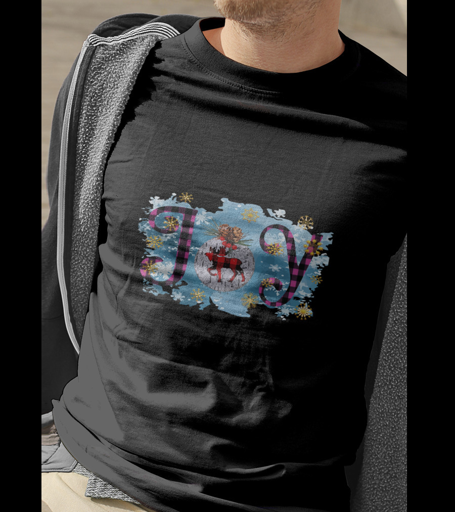 Joy Plaid Christmas Reindeer Snowflakes Pinecones T-Shirt