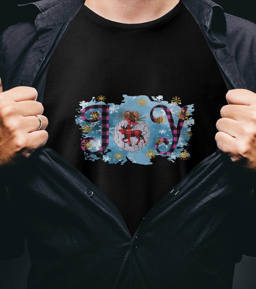Joy Plaid Christmas Reindeer Snowflakes Pinecones T-Shirt