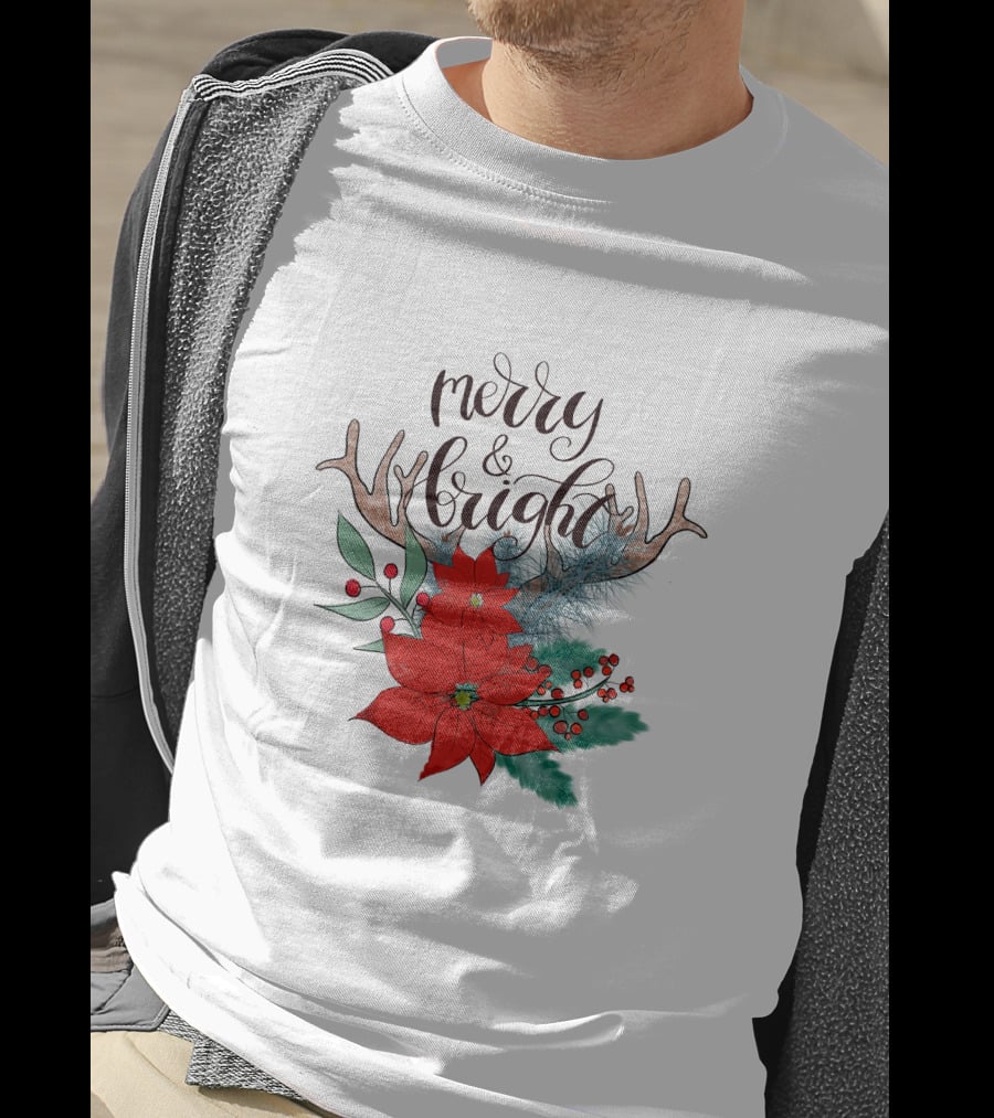 Merry And Bright Antler Poinsettia Christmas Florals T-Shirt
