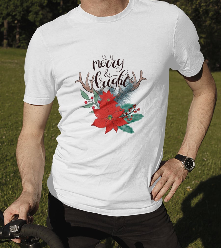 Merry And Bright Antler Poinsettia Christmas Florals T-Shirt