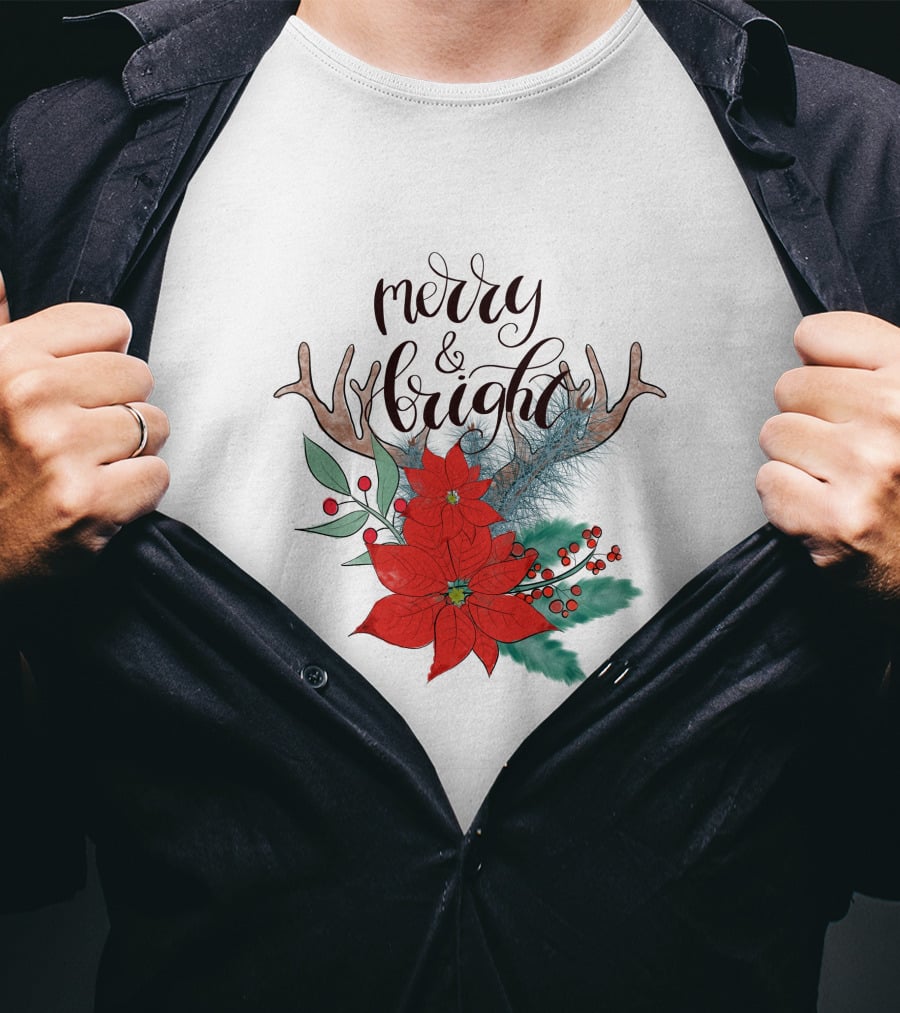 Merry And Bright Antler Poinsettia Christmas Florals T-Shirt