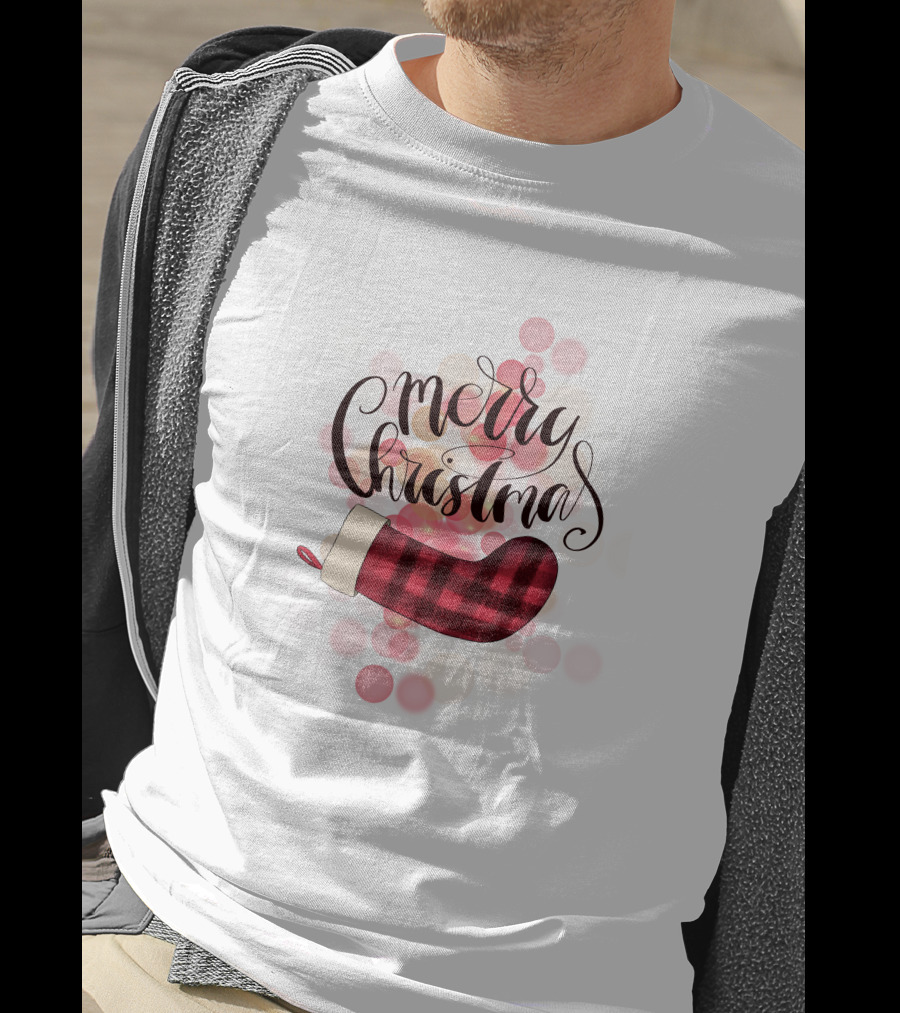 Merry Christmas Plaid Sock Pink Bubbles T-Shirt