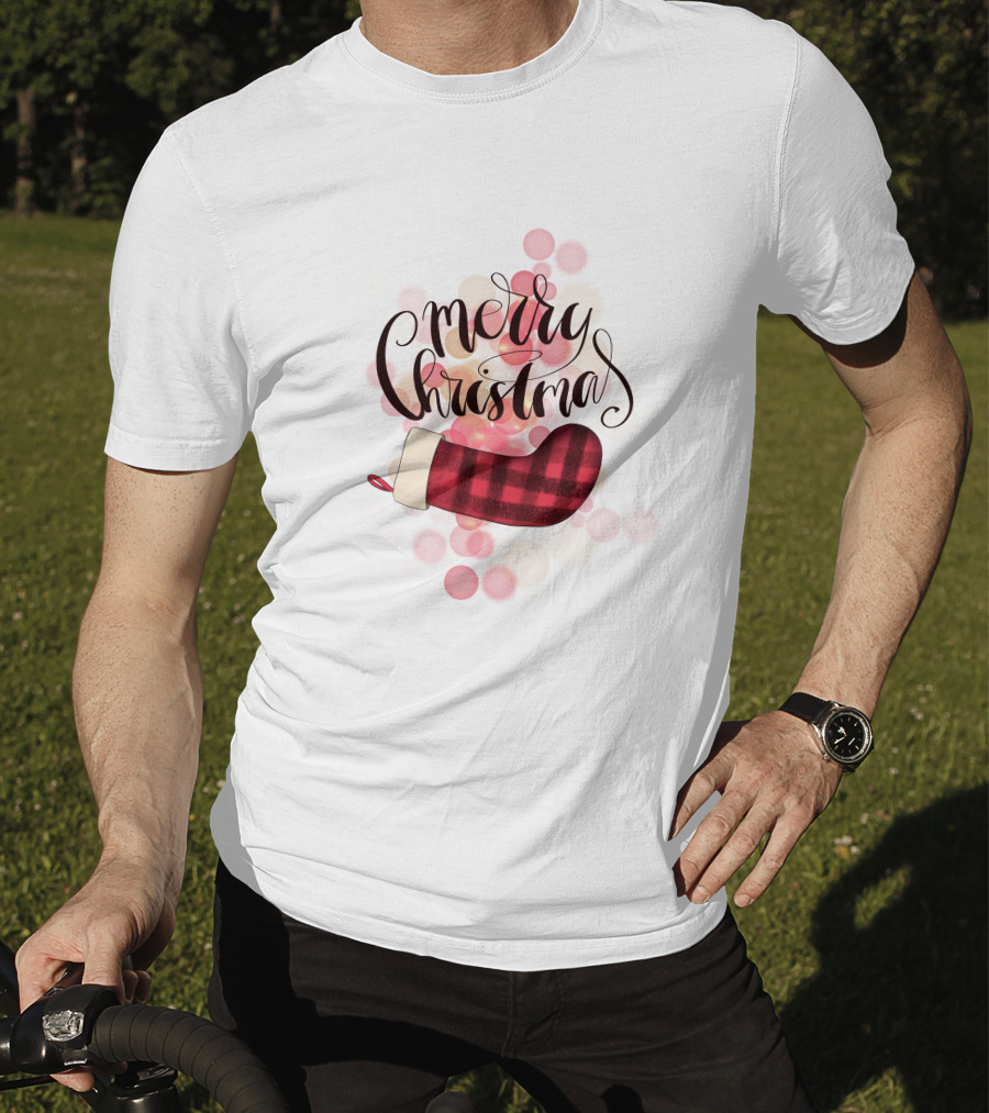 Merry Christmas Plaid Sock Pink Bubbles T-Shirt
