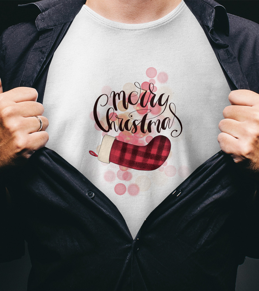 Merry Christmas Plaid Sock Pink Bubbles T-Shirt