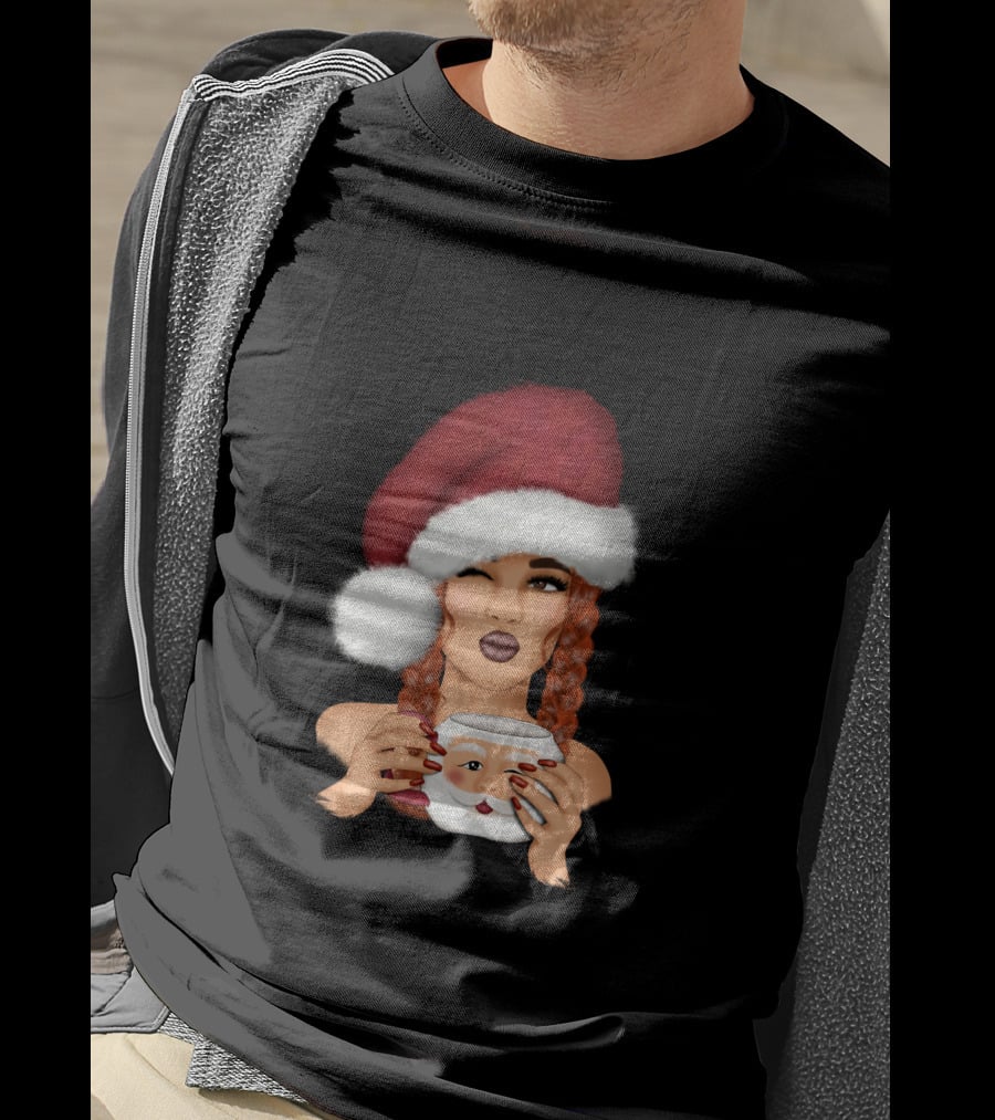 Christmas Red Hair Girl With Santa Hat And Santa Mug T-Shirt