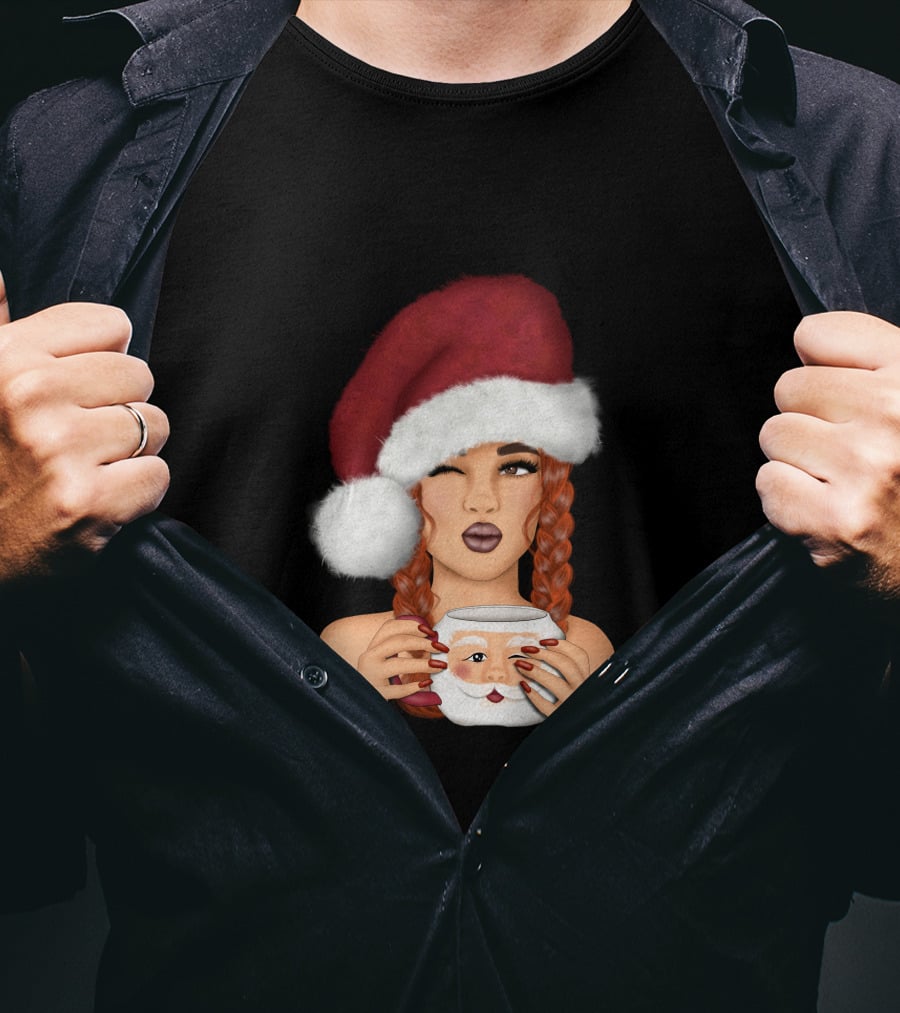 Christmas Red Hair Girl With Santa Hat And Santa Mug T-Shirt