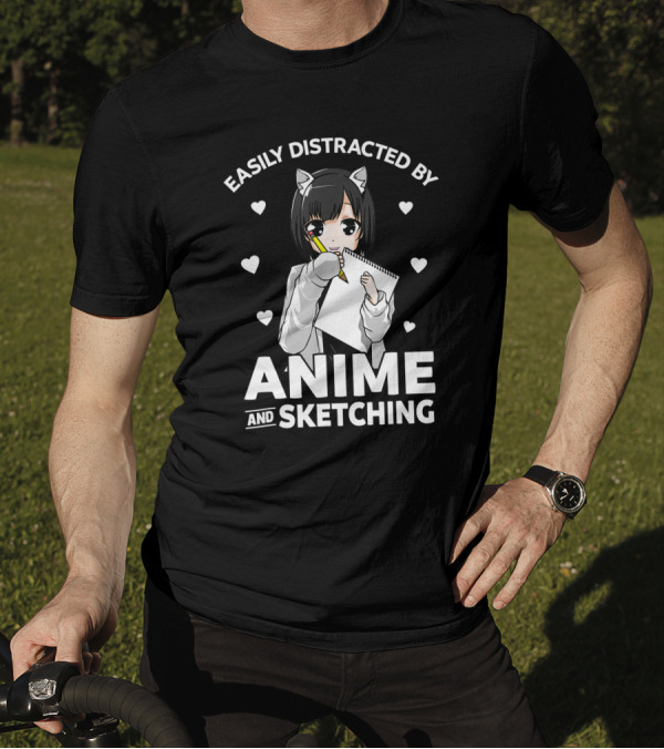 Easily Distracted By Anime And Sketching Cute Anime Girl With Sketchbook And Hearts T-Shirt
