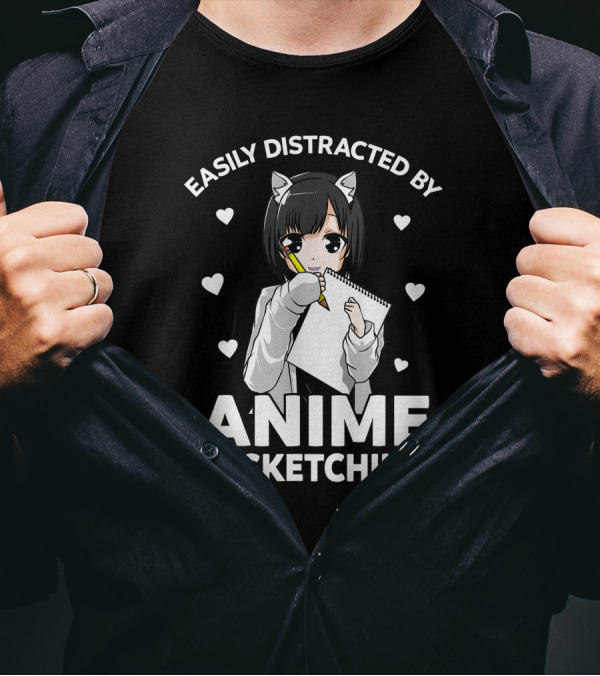 Easily Distracted By Anime And Sketching Cute Anime Girl With Sketchbook And Hearts T-Shirt
