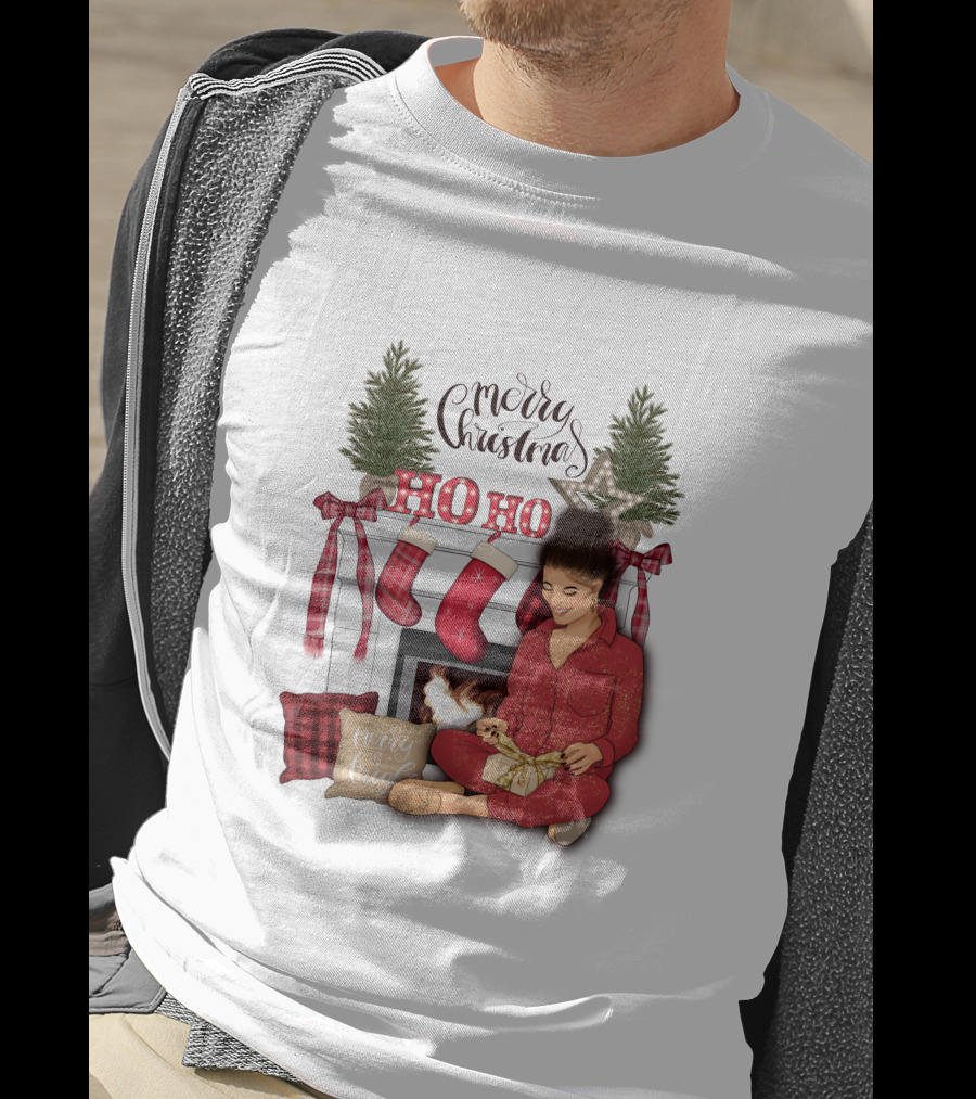 Merry Christmas Ho Ho Ho Girl By Fireplace With Stockings And Christmas Tree Decor T-Shirt