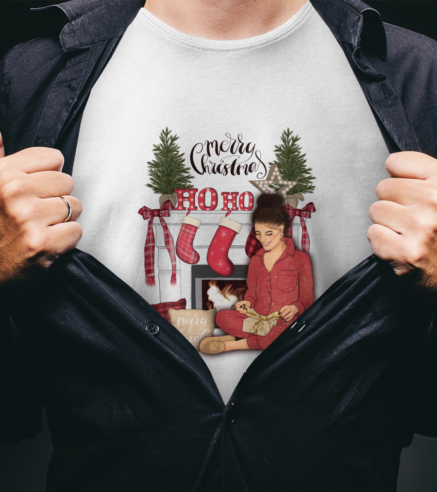 Merry Christmas Ho Ho Ho Girl By Fireplace With Stockings And Christmas Tree Decor T-Shirt