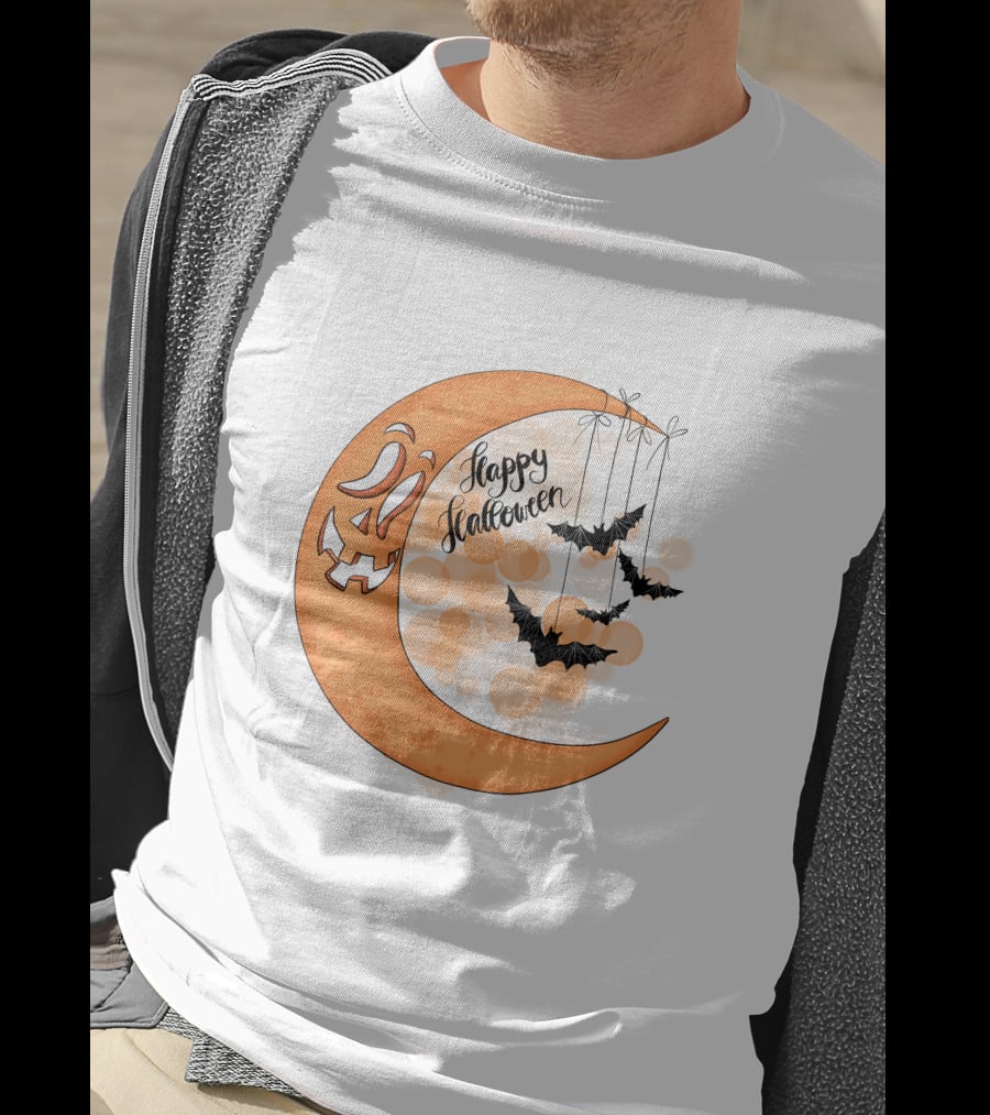 Happy Halloween Moon With Bats And Jack-O'-Lantern Face T-Shirt