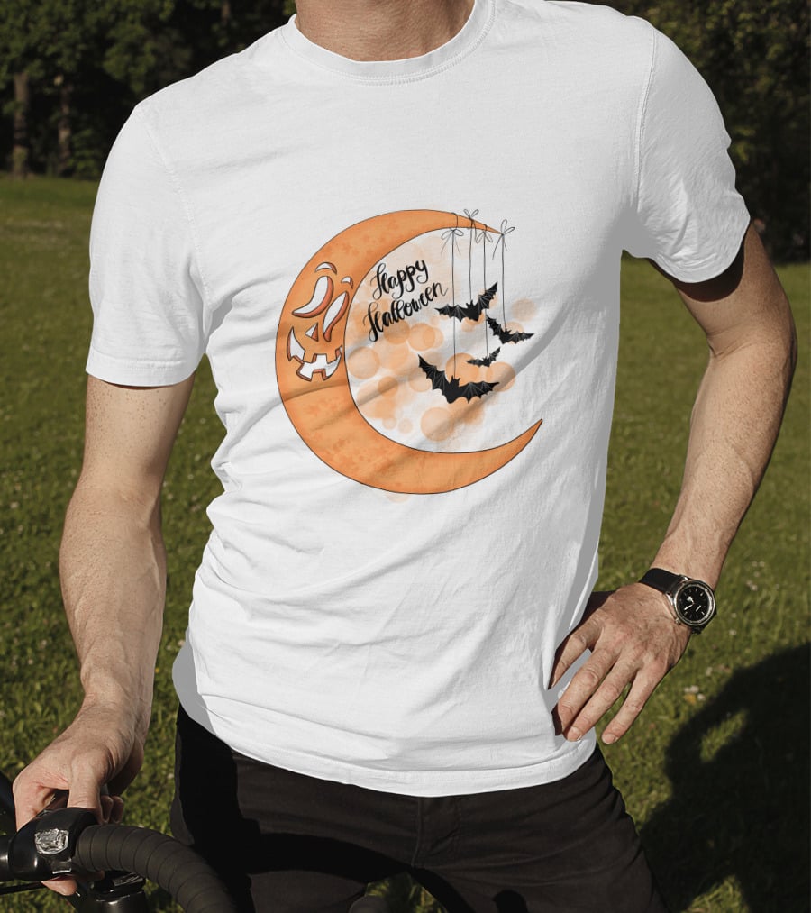 Happy Halloween Moon With Bats And Jack-O'-Lantern Face T-Shirt