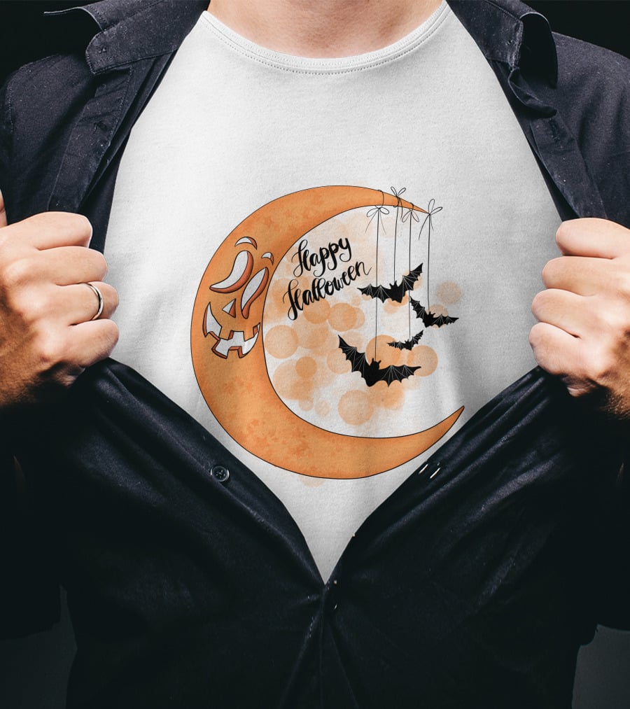 Happy Halloween Moon With Bats And Jack-O'-Lantern Face T-Shirt