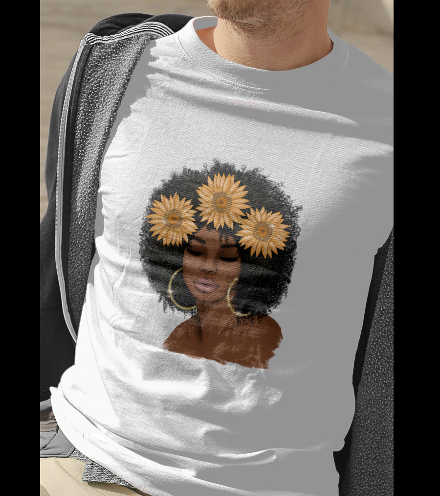 Afro Woman With Sunflowers And Hoop Earrings T-Shirt