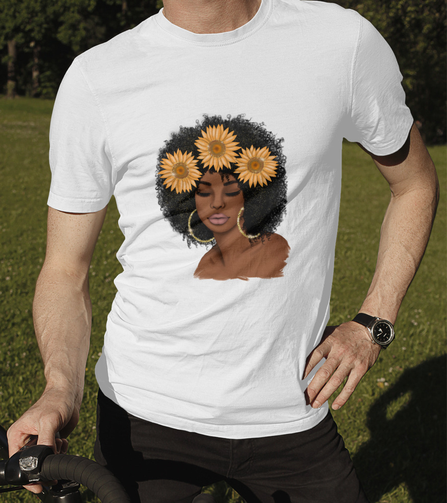Afro Woman With Sunflowers And Hoop Earrings T-Shirt