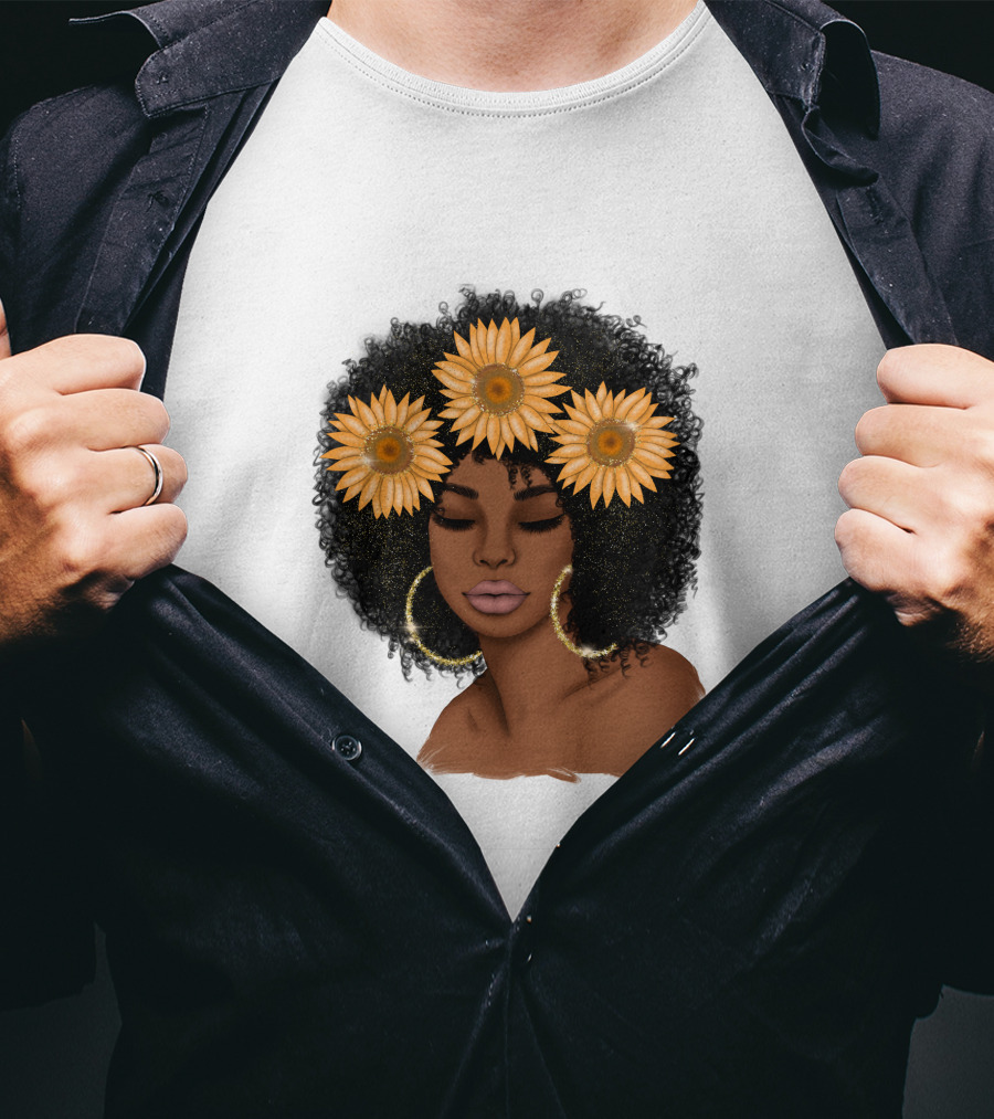 Afro Woman With Sunflowers And Hoop Earrings T-Shirt