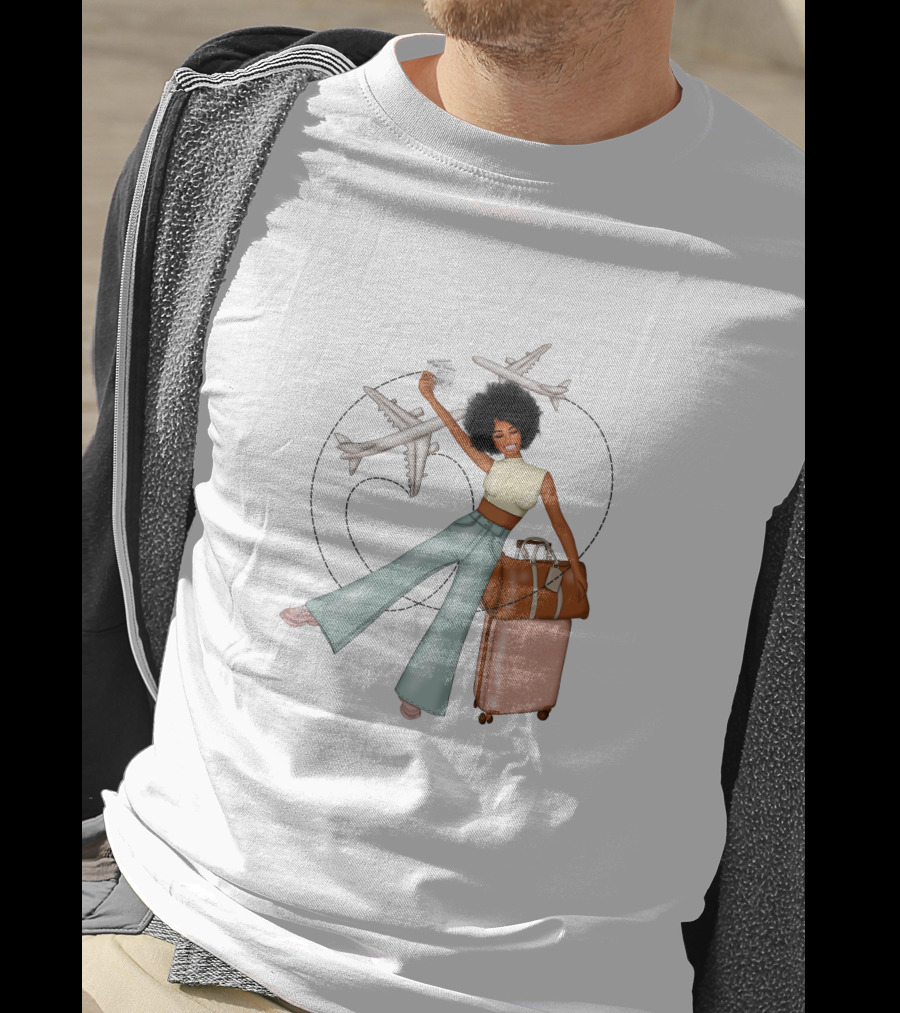 Traveling African American Girl With Suitcase And Airplanes T-Shirt