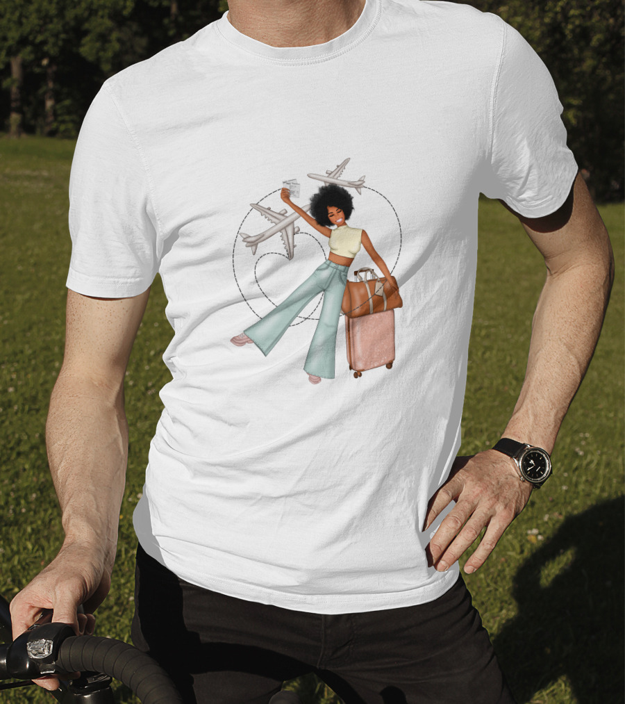 Traveling African American Girl With Suitcase And Airplanes T-Shirt