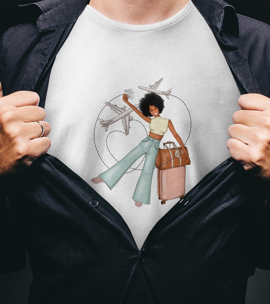 Traveling African American Girl With Suitcase And Airplanes T-Shirt