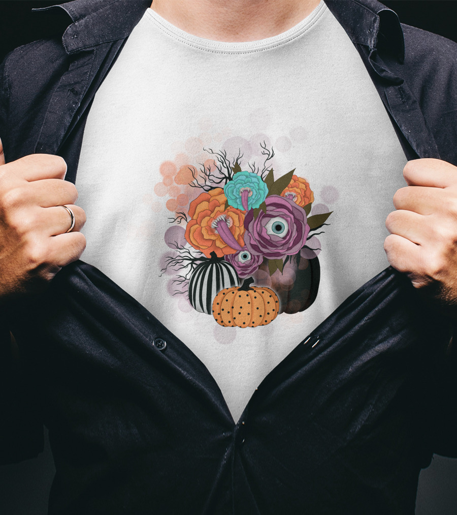 Whimsical Halloween Pumpkin Floral Arrangement With Eyeball Flowers T-Shirt