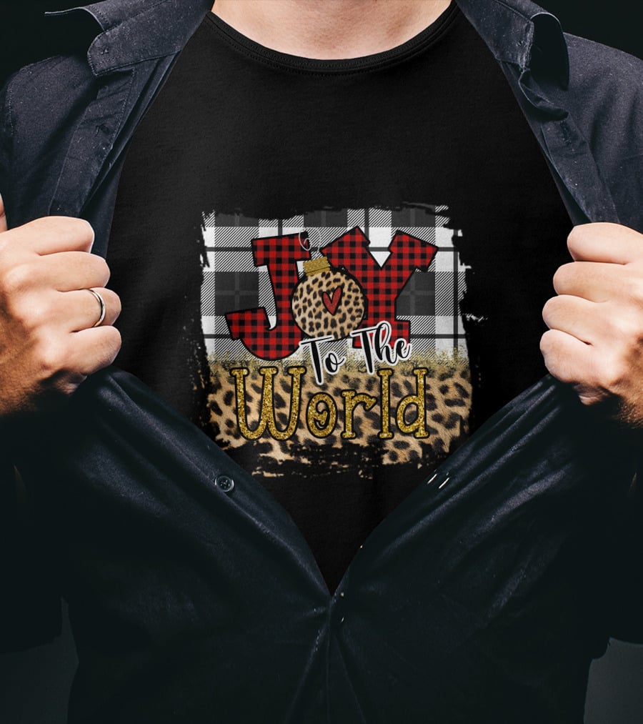 Joy To The World Buffalo Plaid Leopard Christmas T-Shirt