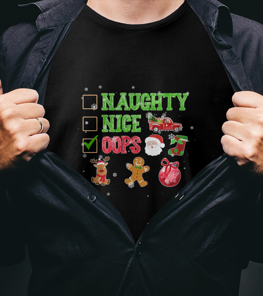 Naughty Nice Oops List Christmas Icons Santa Red Truck Gingerbread Sun Snowflakes T-Shirt