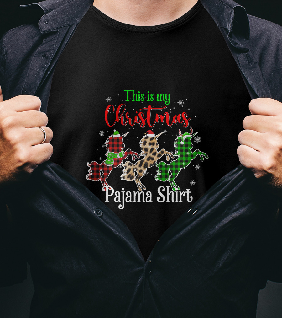 This Is My Christmas Pajama Shirt Unicorn Snowflakes Plaid Leopard T-Shirt