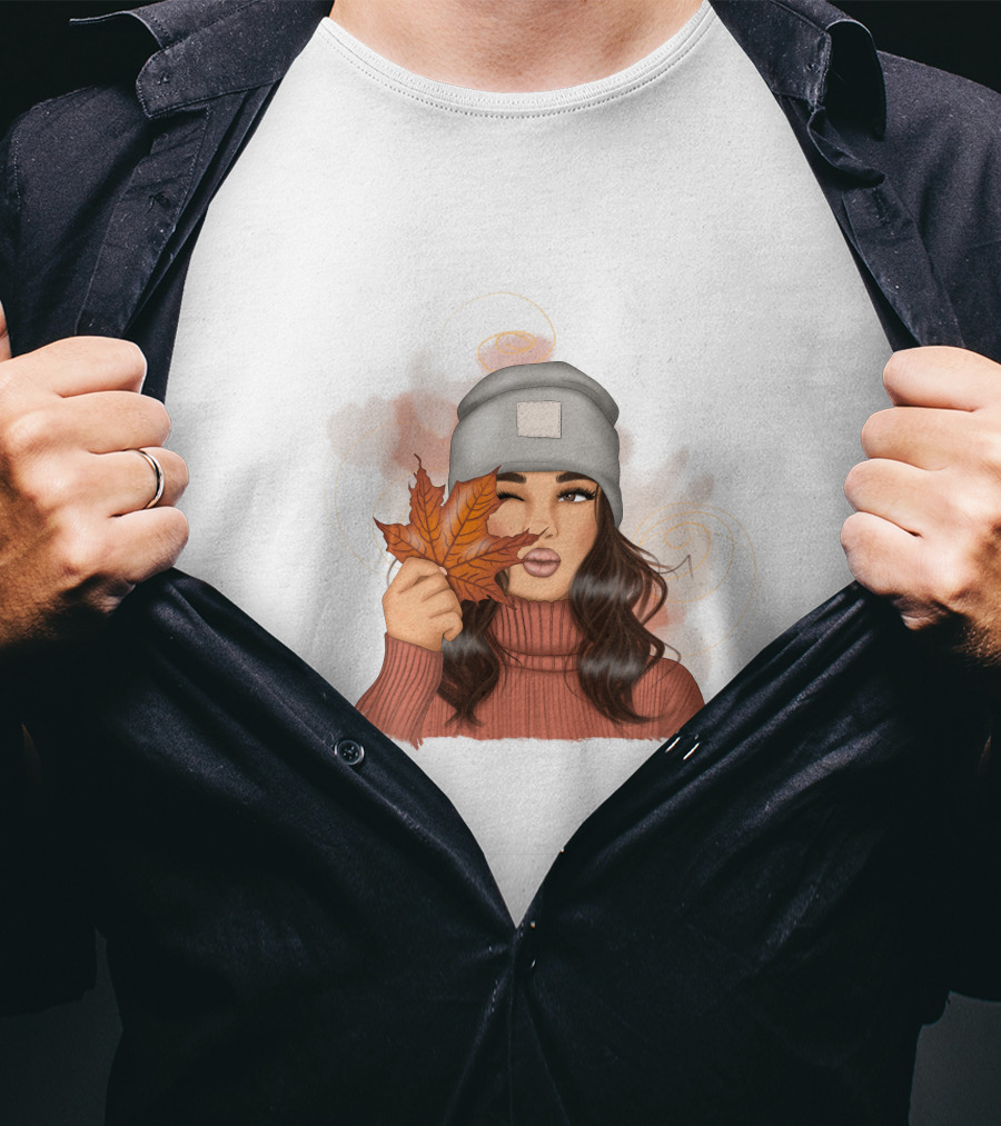 Autumn Girl Cozy Sweater And Beanie With Leaves T-Shirt