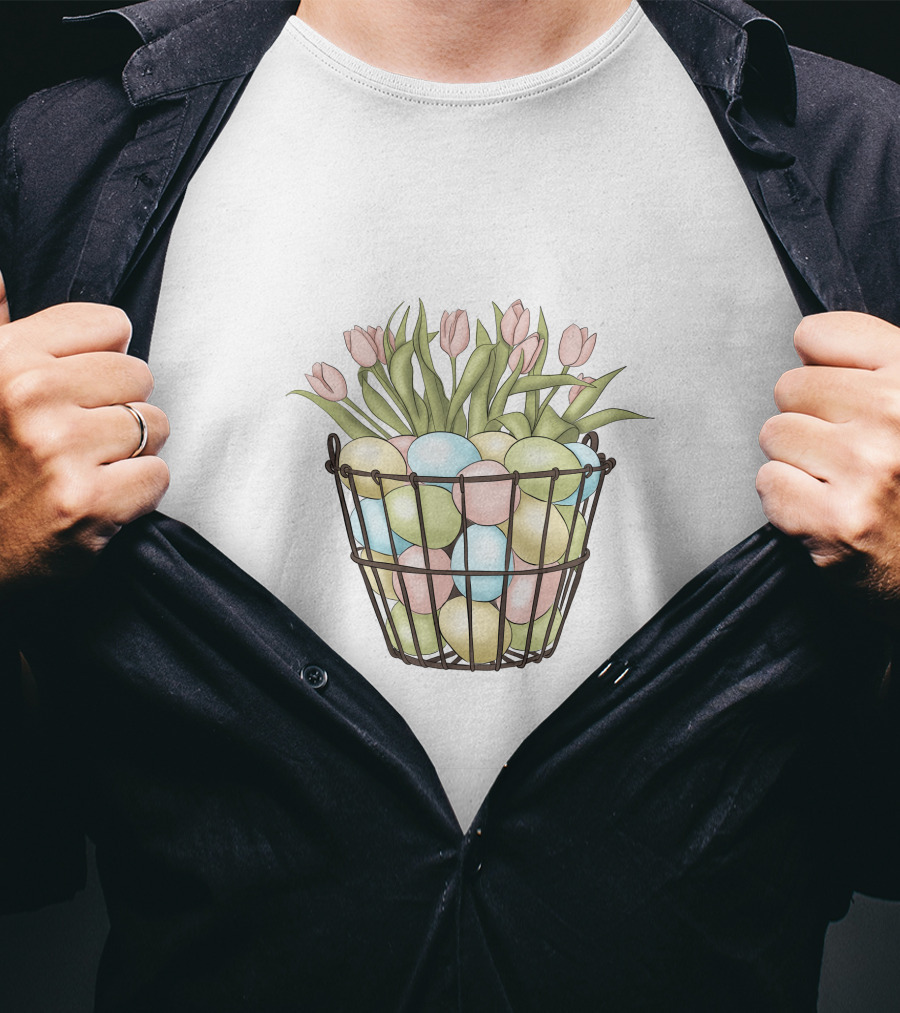 Easter Eggs And Tulips In Basket T-Shirt