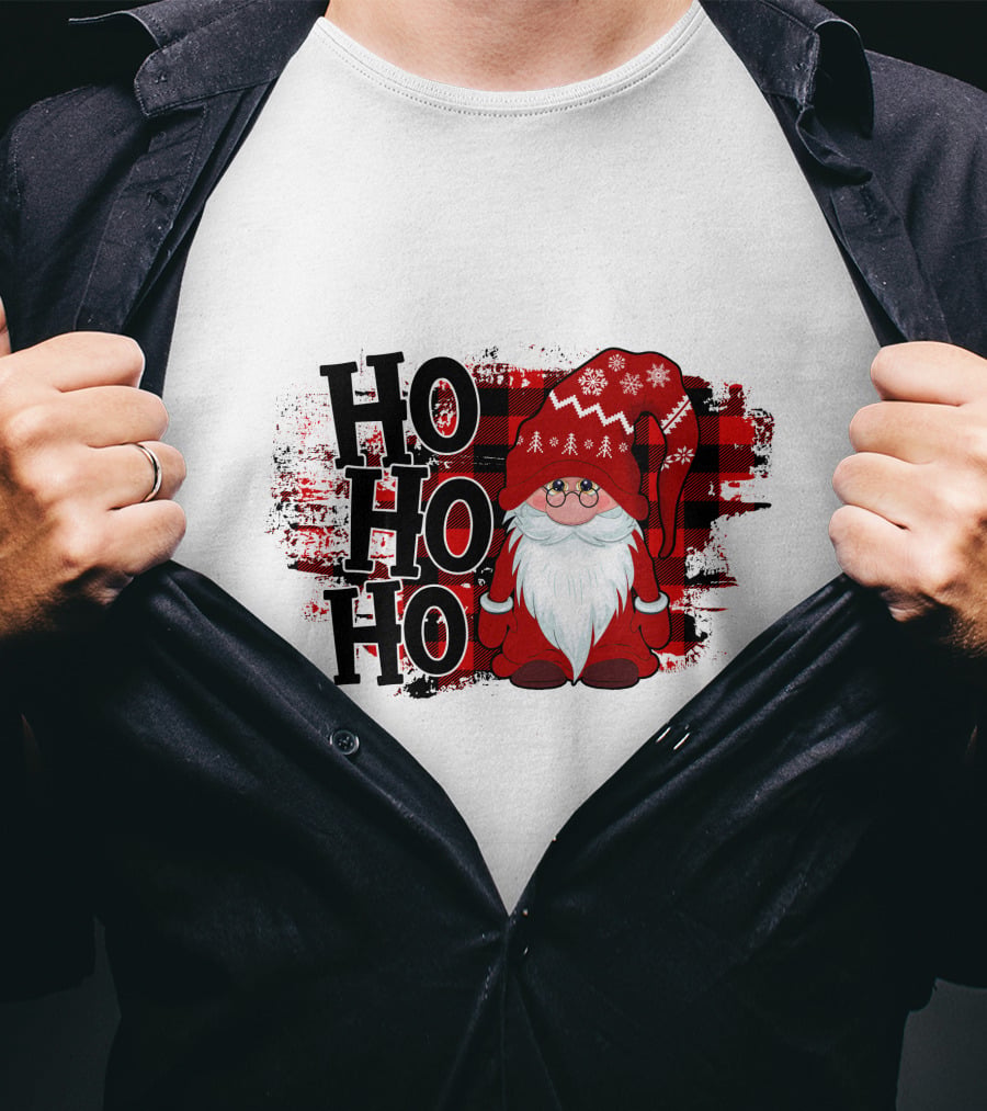 Ho Ho Ho Gnome Christmas Plaid Santa T-Shirt