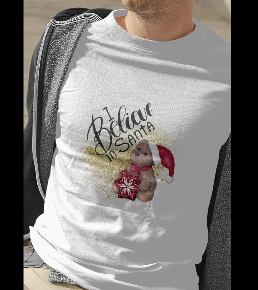 I Believe In Santa Bear With Red Hat And Star Cookie T-Shirt