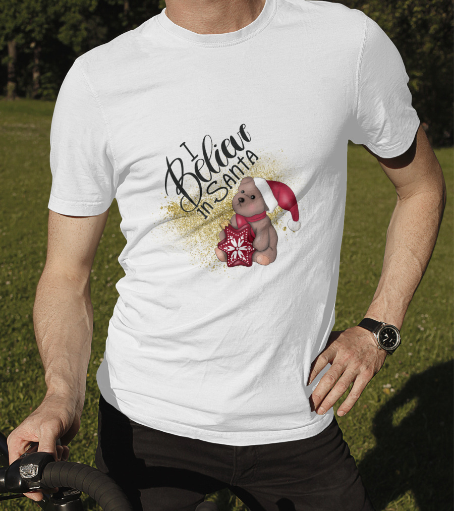 I Believe In Santa Bear With Red Hat And Star Cookie T-Shirt
