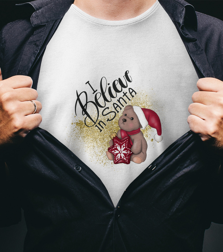 I Believe In Santa Bear With Red Hat And Star Cookie T-Shirt