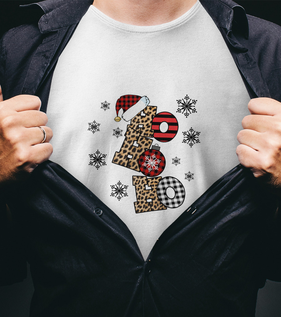 Ho Ho Ho Christmas Leopard Print Santa Snowflakes T-Shirt