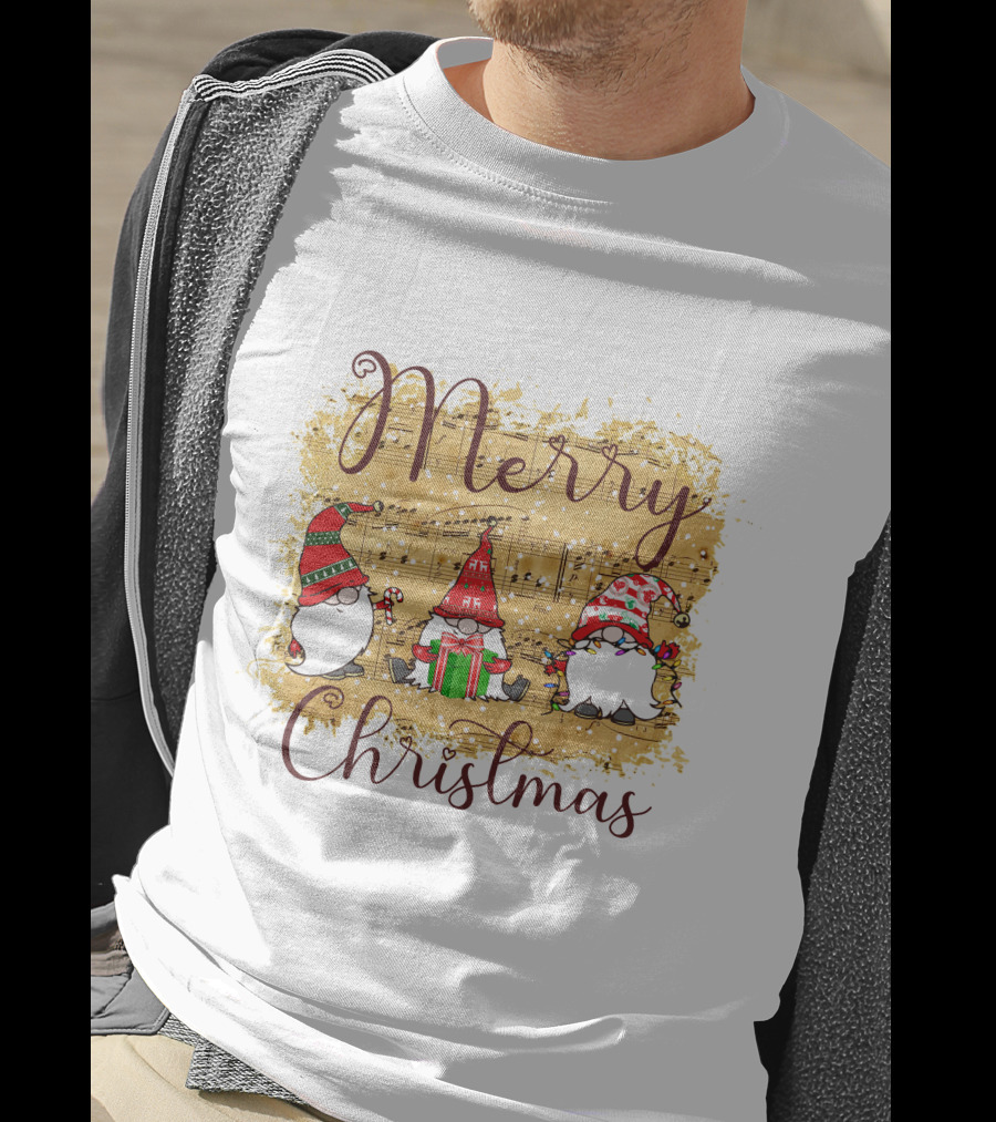 Merry Christmas Gnomies Holiday Music Sheet And Festive Gnomes T-Shirt