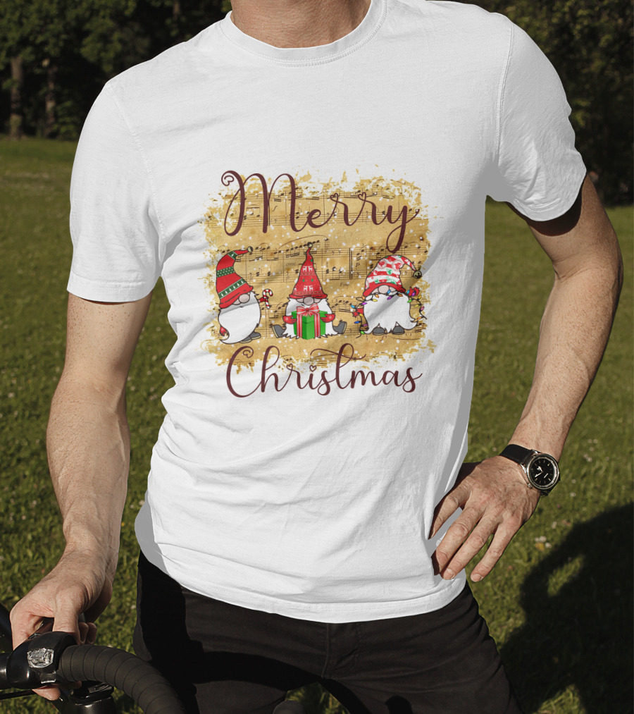 Merry Christmas Gnomies Holiday Music Sheet And Festive Gnomes T-Shirt