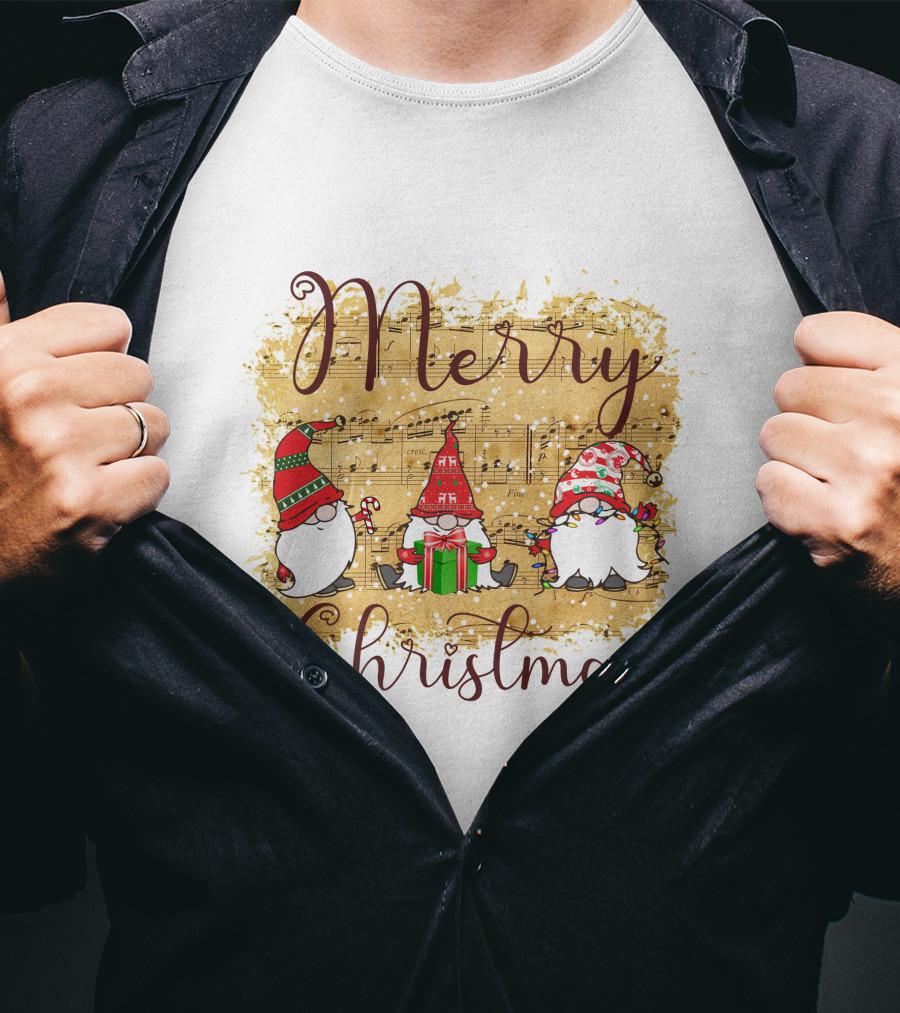 Merry Christmas Gnomies Holiday Music Sheet And Festive Gnomes T-Shirt