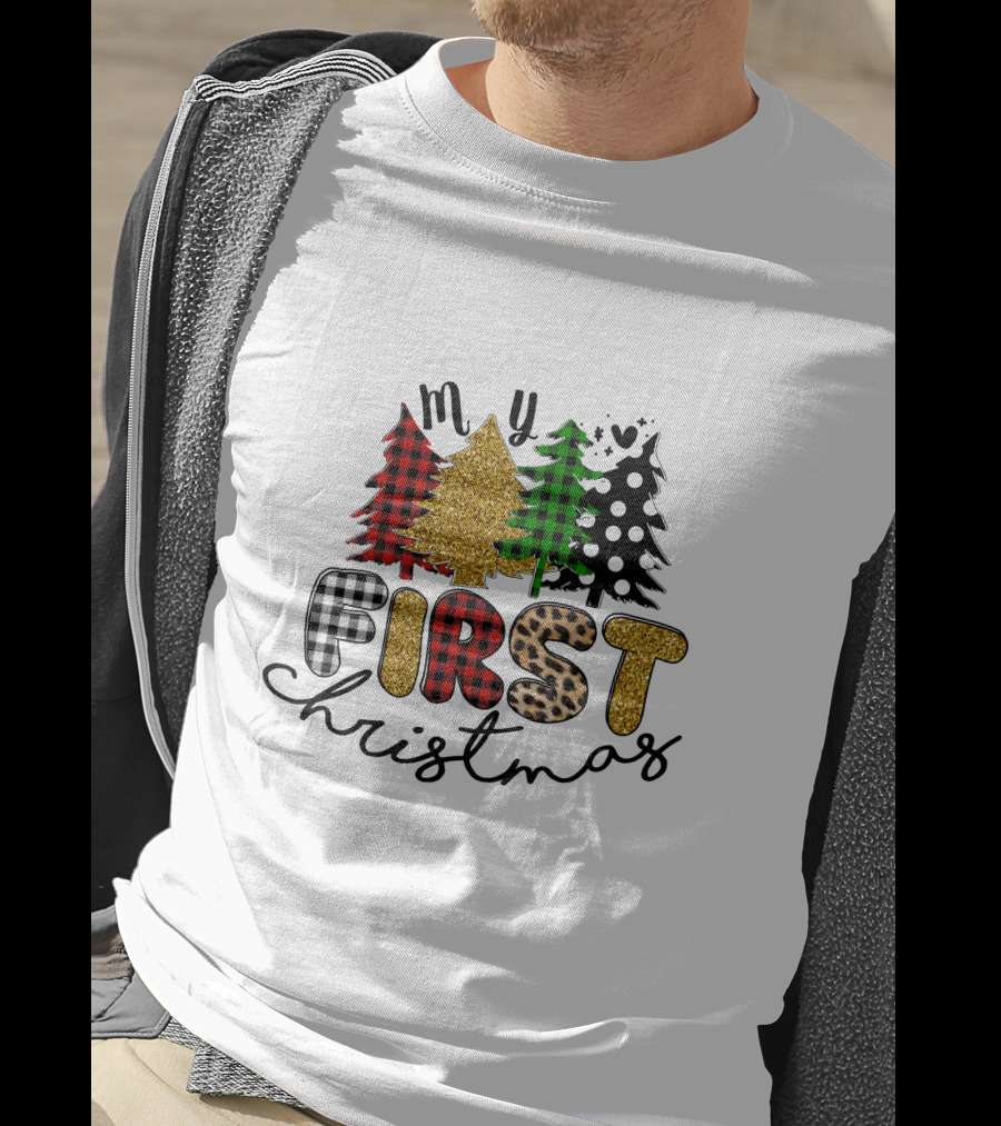 My First Christmas Plaid Glitter Trees Mixed T-Shirt