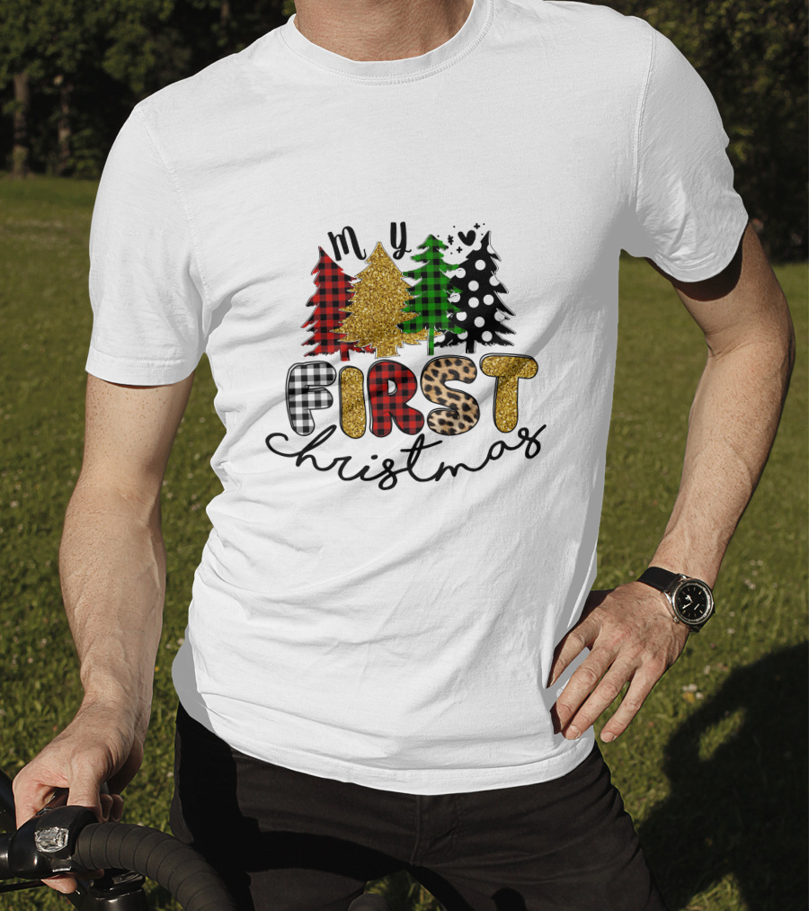 My First Christmas Plaid Glitter Trees Mixed T-Shirt