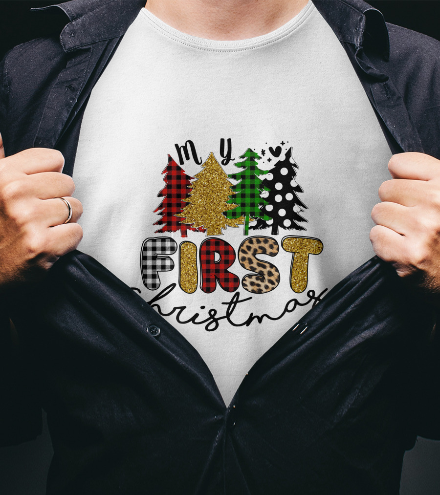 My First Christmas Plaid Glitter Trees Mixed T-Shirt