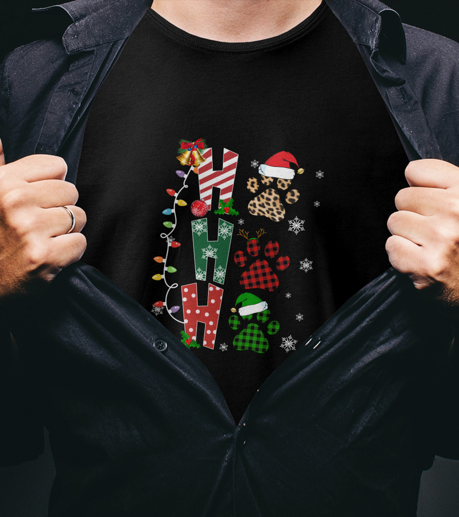 Paws Ho Ho Ho Christmas Lights Santa Hat Leopard Red Green Buffalo Plaid Snowflakes T-Shirt
