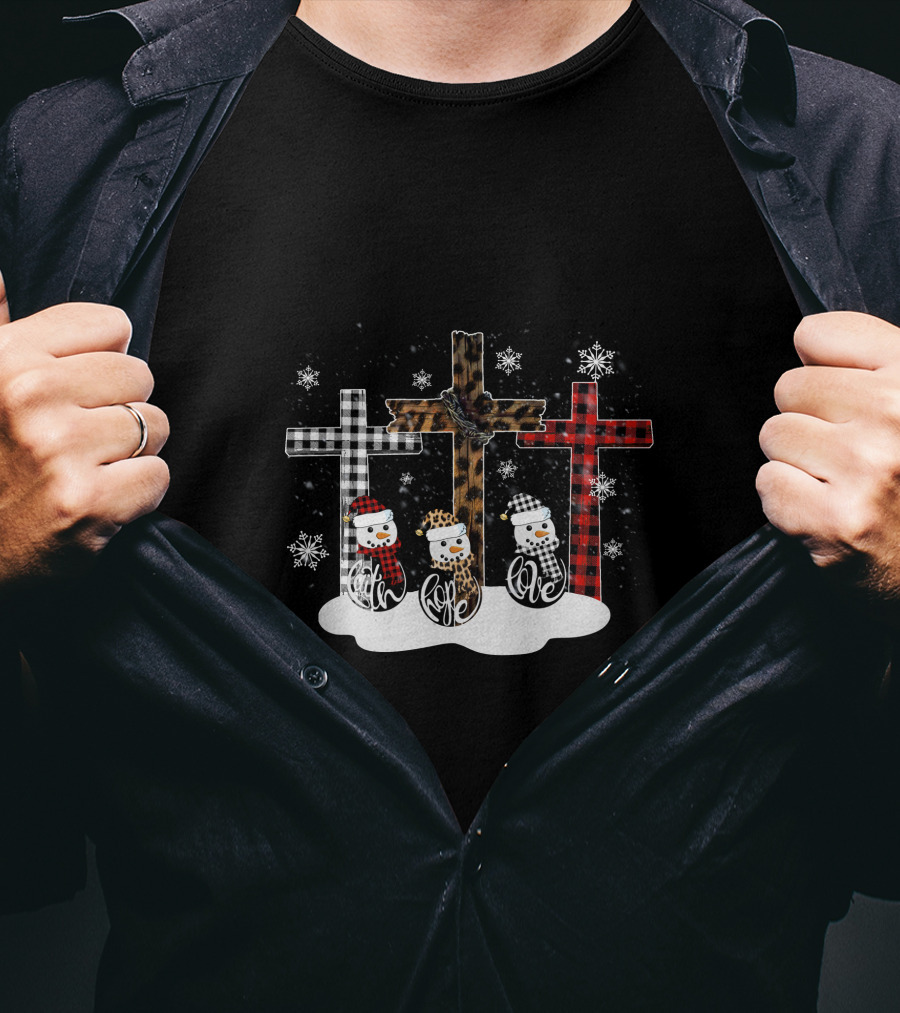 Leopard Plaid Snowman Faith Love Winter Crosses T-Shirt