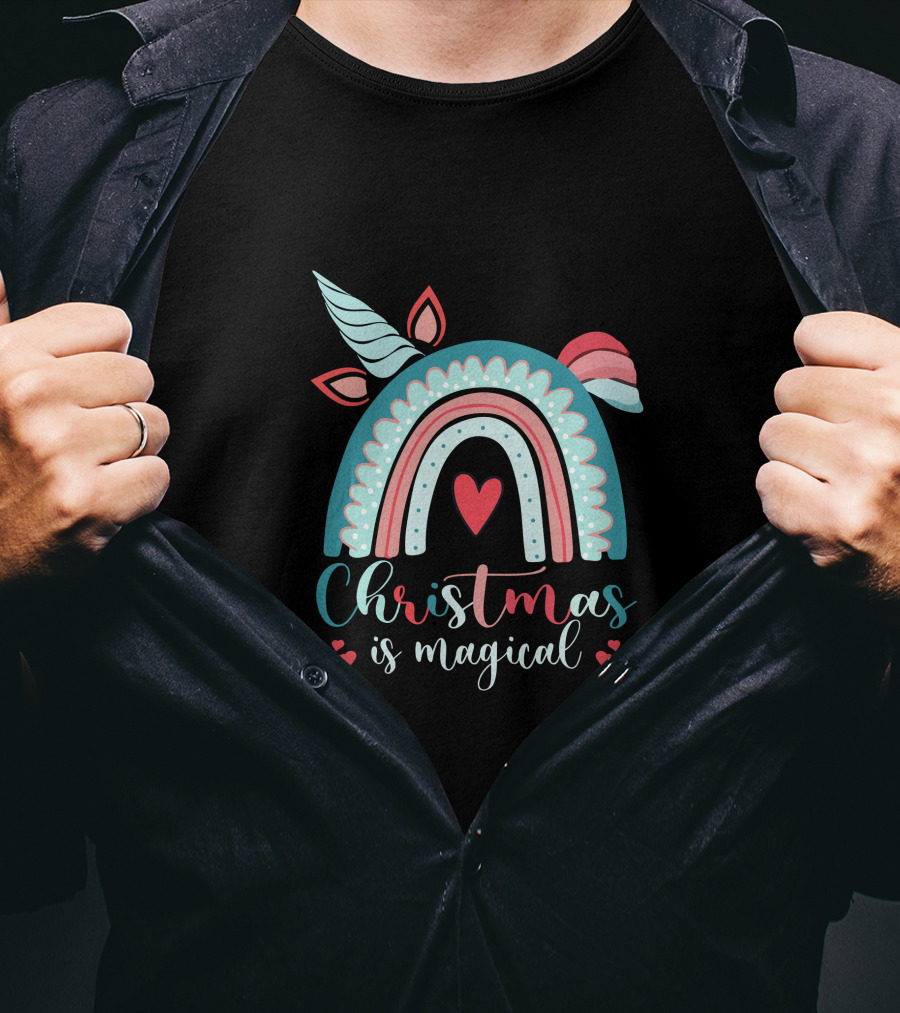 Christmas Is Magical Unicorn Rainbow Heart T-Shirt